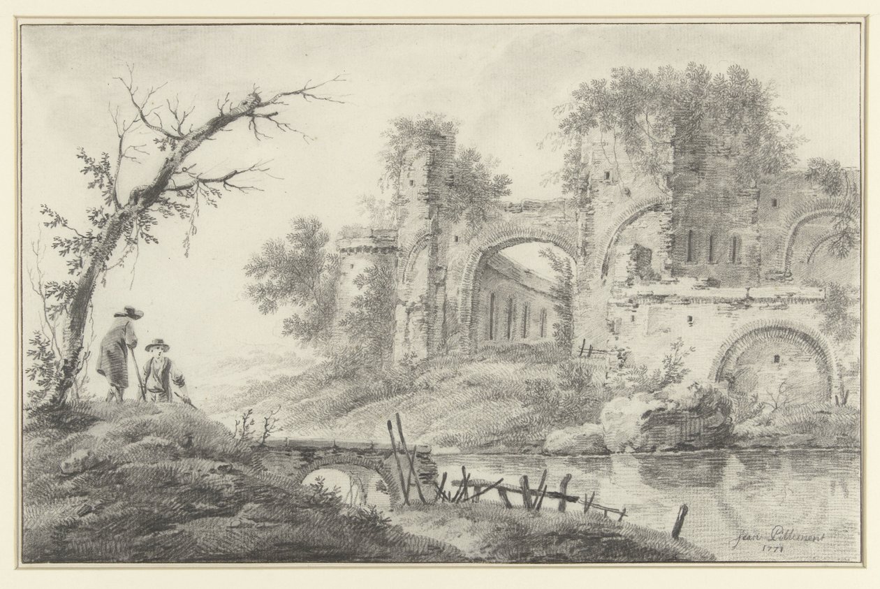 Ruins by a River with Two Countrymen by Jean Baptiste Pillement