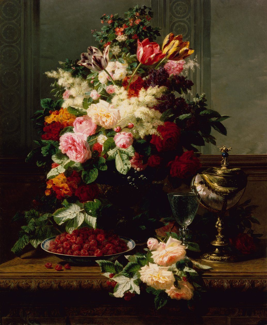 A Still Life of Roses, Tulips and Other Flowers on a German Compote by Jean Baptiste Robie
