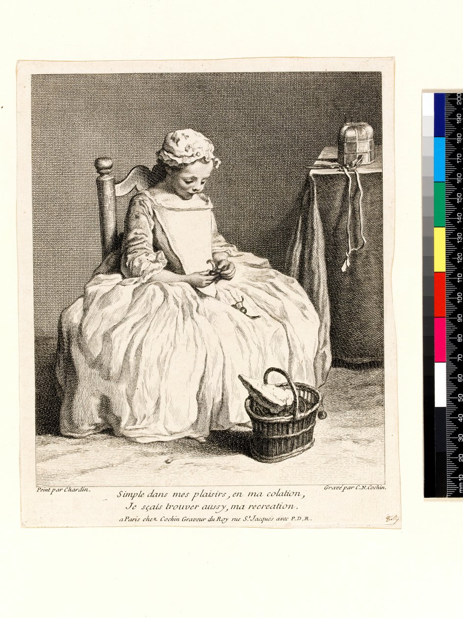 Little Girl with Her Lunch (La Petite Fille aux Cerises) Engraved by Charles Nicolas Cochin I (1688-1754) 1738 by Jean Baptiste Simeon (after) Chardin