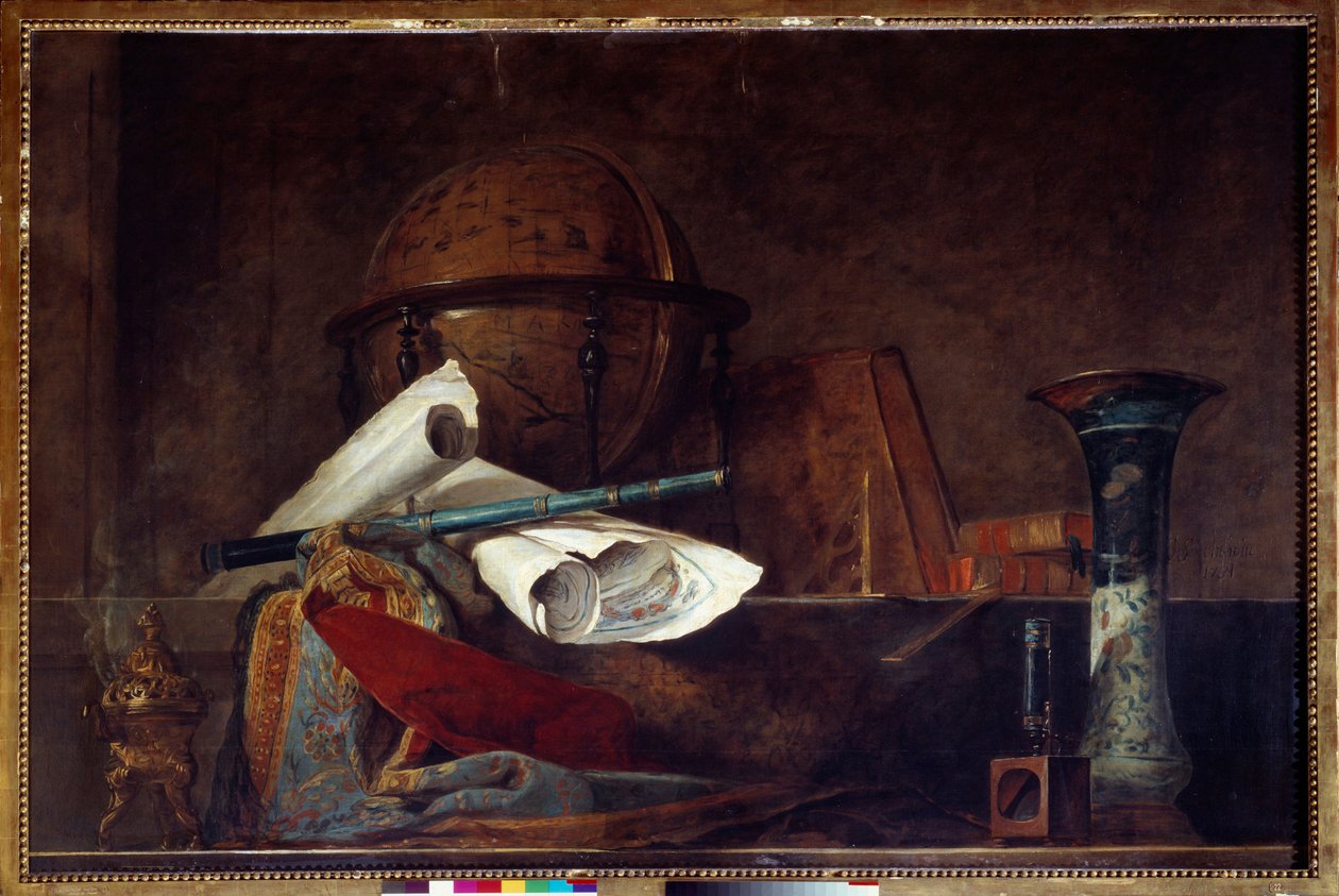 Allegory of science Still life, globe, geographic maps, books and vase by Jean Baptiste Simeon Chardin