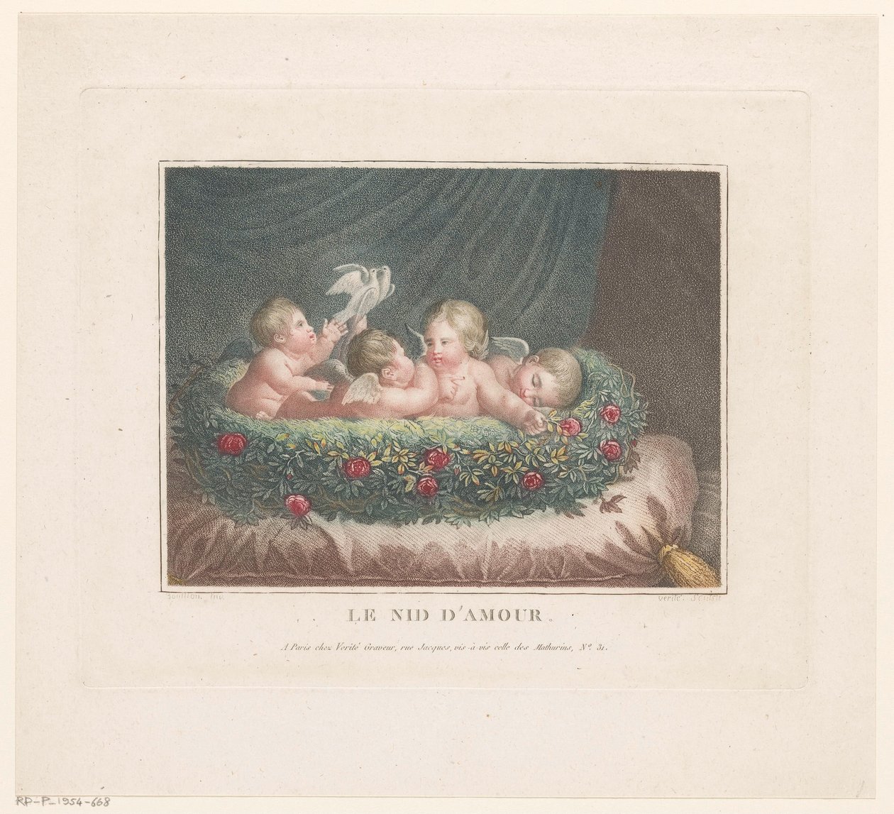 Four Putti with Two Doves in a Basket of Roses on a Cushion by Jean Baptiste Verite