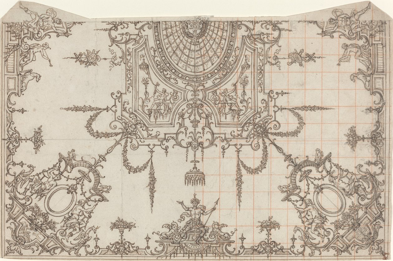 An Elaborate Ceiling with Trellises and Seated Figures by Jean Berain