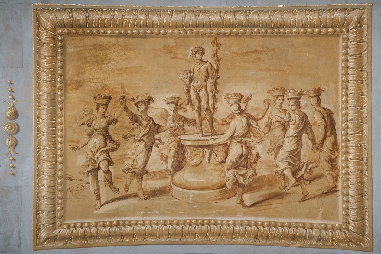 Faux gilded relief, with Bacchus placed on a circular pedestal decorated with festoons and bucrania, and surrounded by dancing canephors by Jean Boulanger