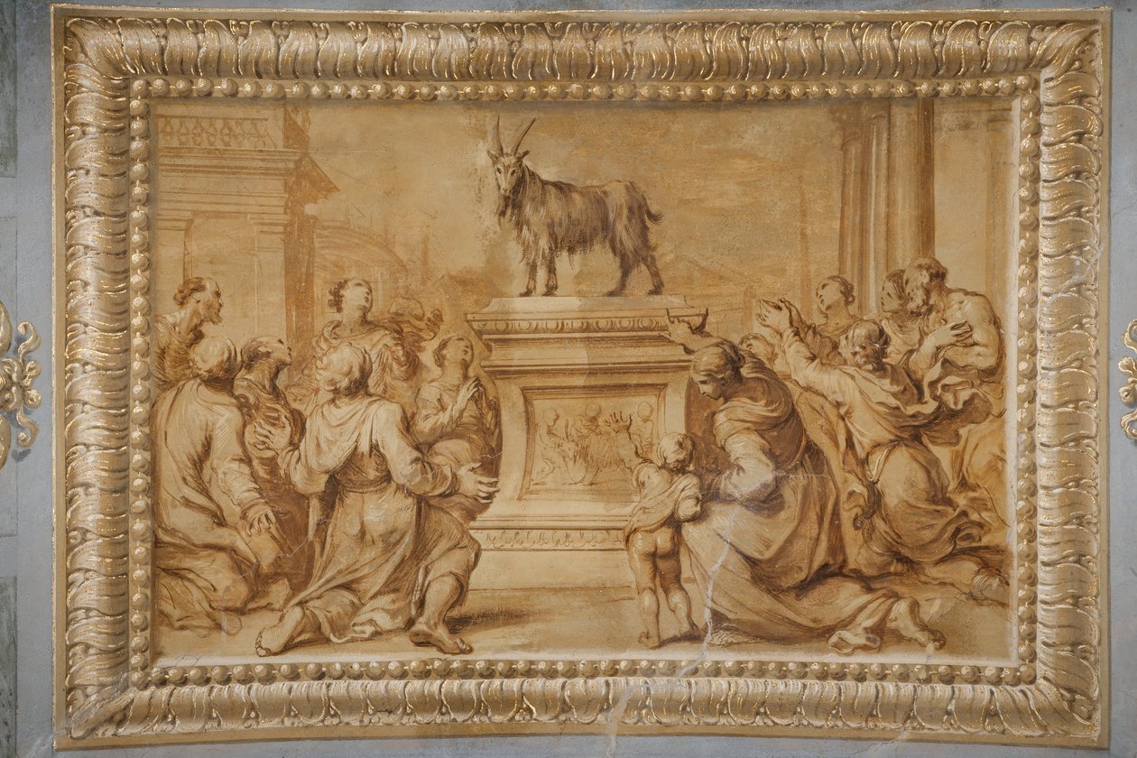 Faux gilded relief, with the goat placed on the historiated altar and surrounded by characters in adoration by Jean Boulanger