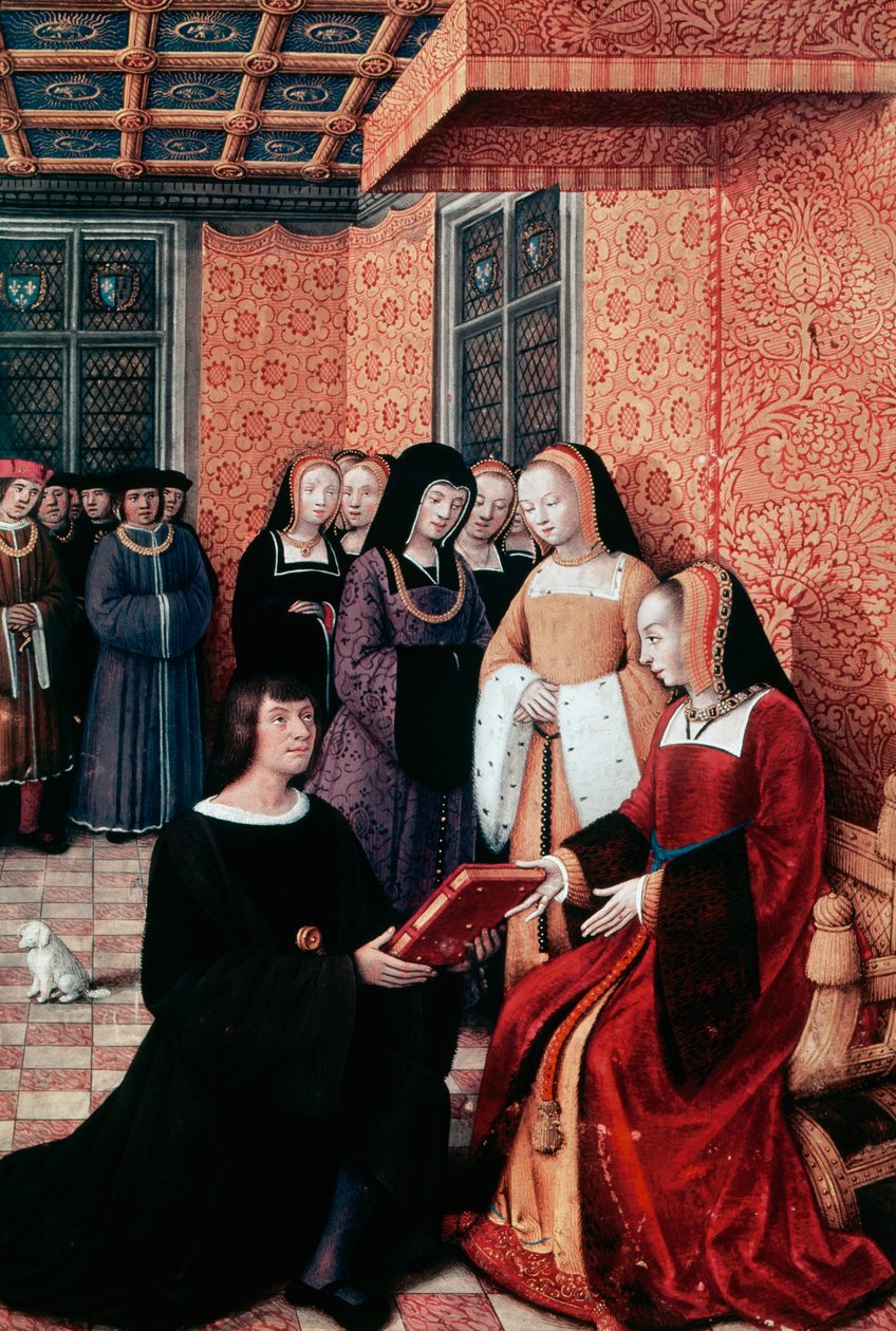 The poet Jean Marot handing over his work Voyage to Genoa to Anne of Brittany, ca 1508, miniature by Jean Bourdichon by Jean Bourdichon