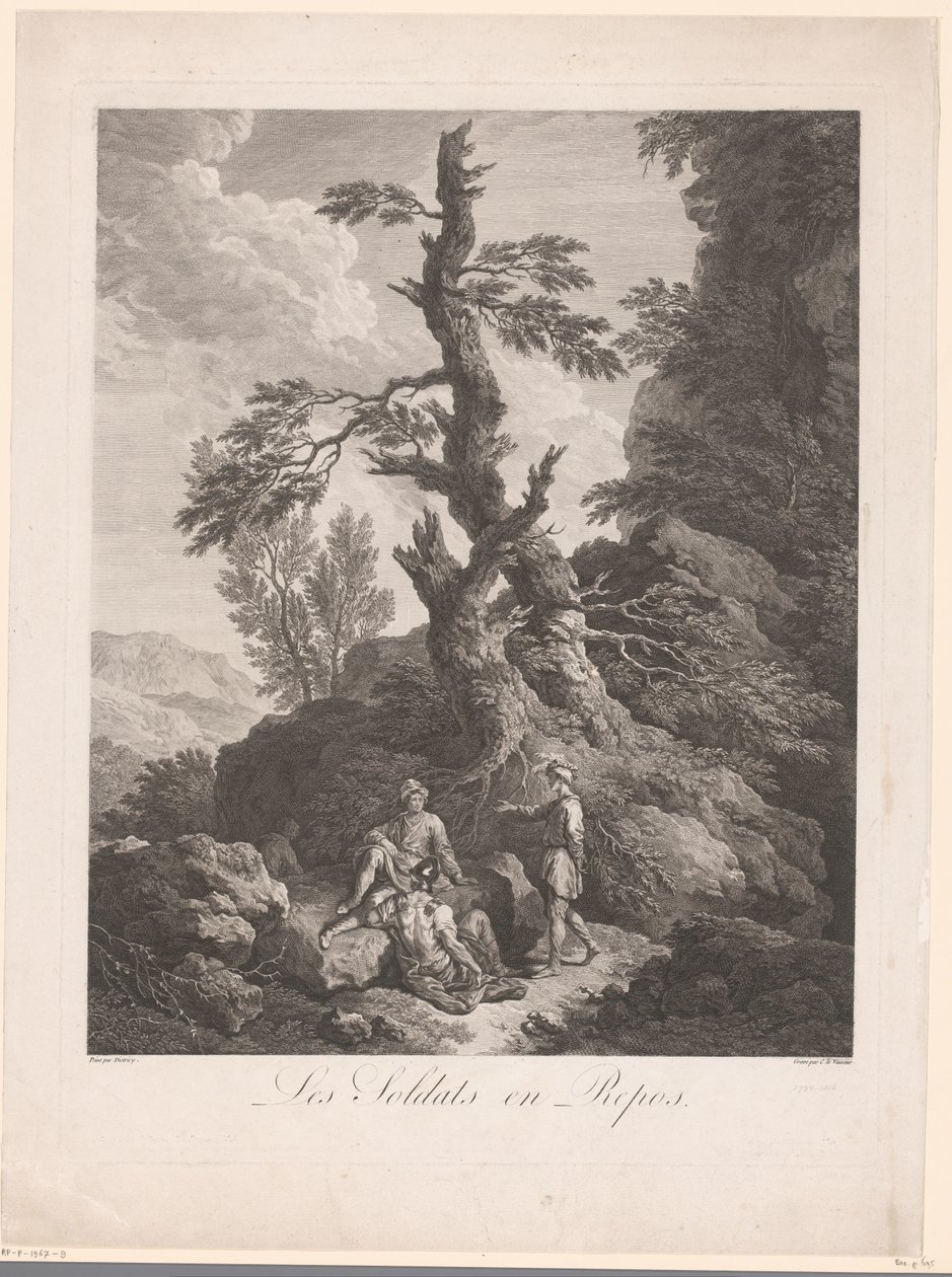 Resting Soldiers by a Tree in a Rocky Landscape by Jean Charles Levasseur