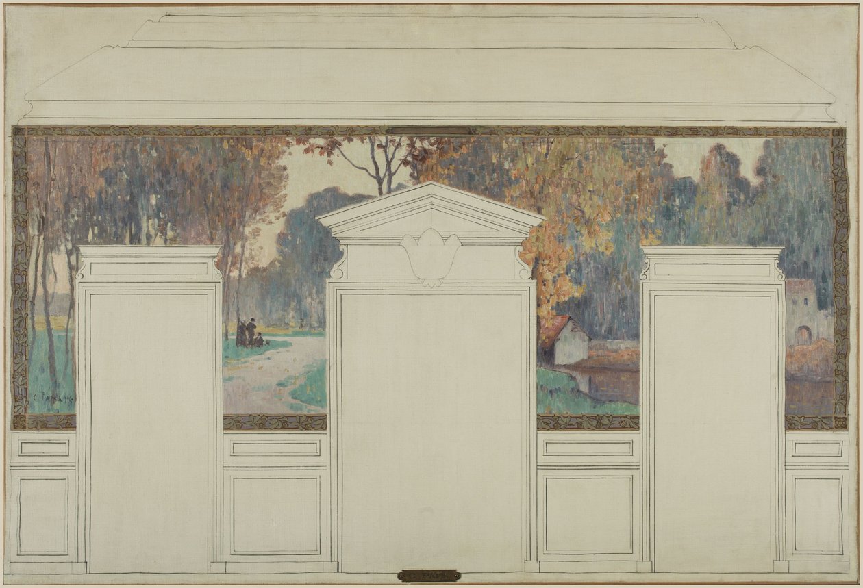 Sketch for the Fresnes town hall: Landscape with walkers in autumn by Jean Constant Pape