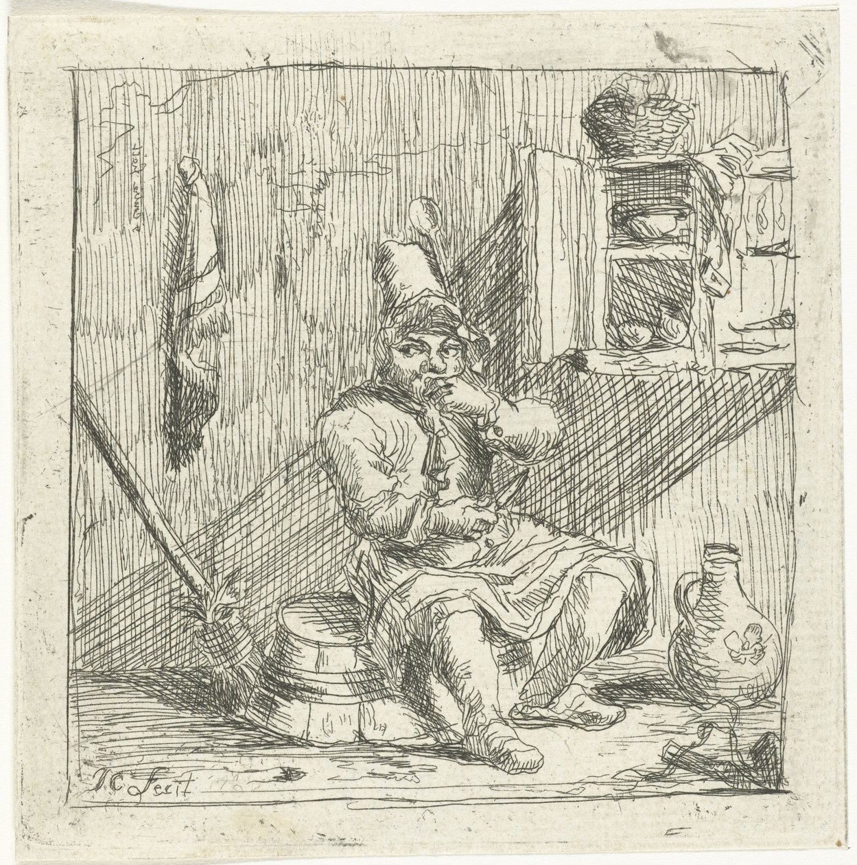 Man Sitting in the Kitchen on an Upside-Down Tub Eating by Jean Covitré