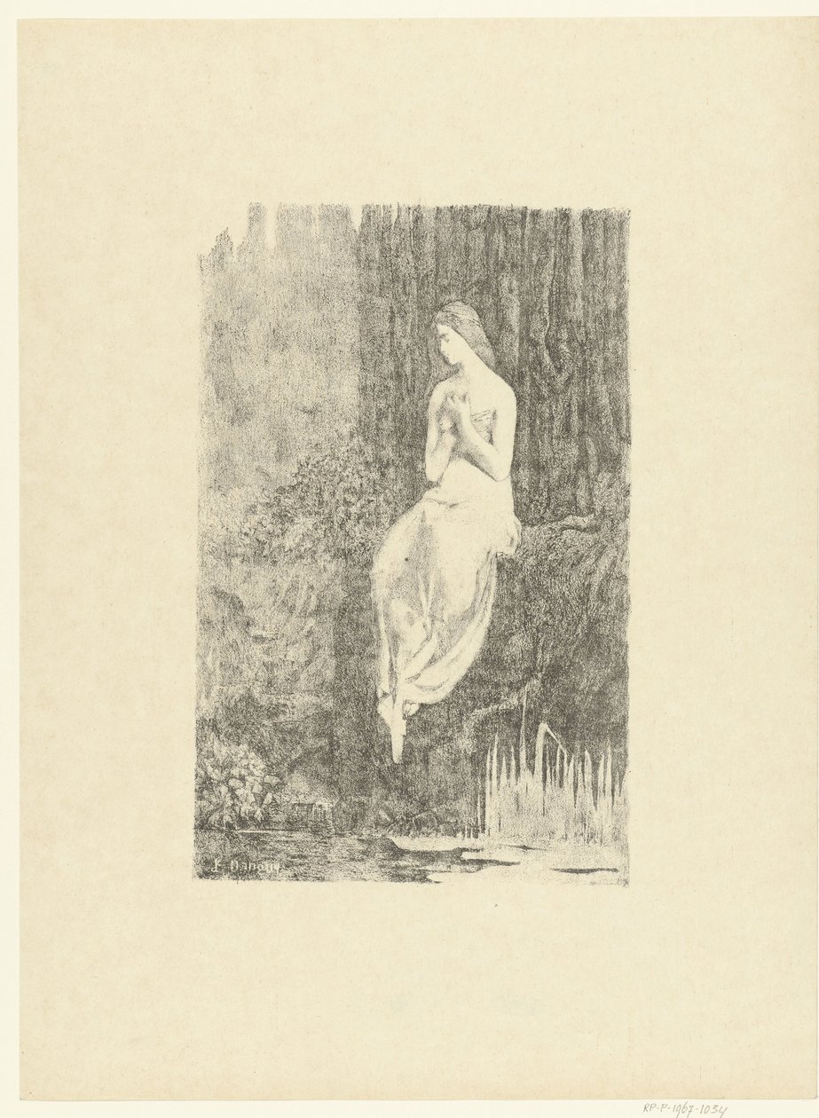 Half-Naked Woman Sitting by Waterside Near Tree (Melancholy) by Jean Danguy
