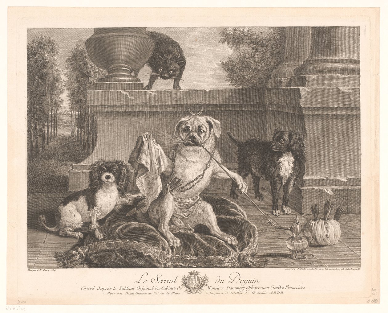 Three Dogs, One Dressed Up, on a Patio (title on object: Le Serrail du Doguin) by Jean Daullé