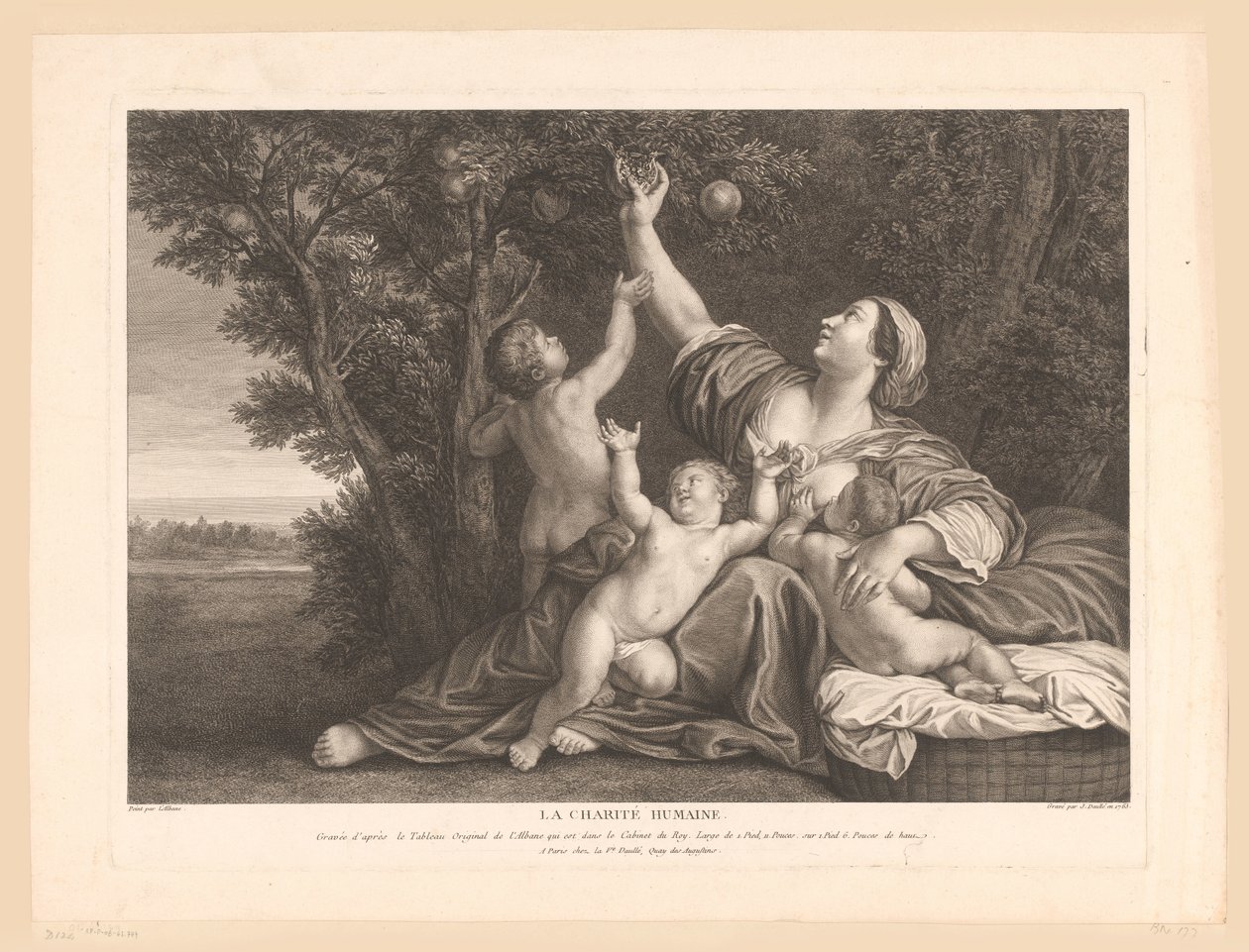 Mother with Child at the Breast While Picking Pomegranates for Her Children. Human Charity. by Jean Daullé