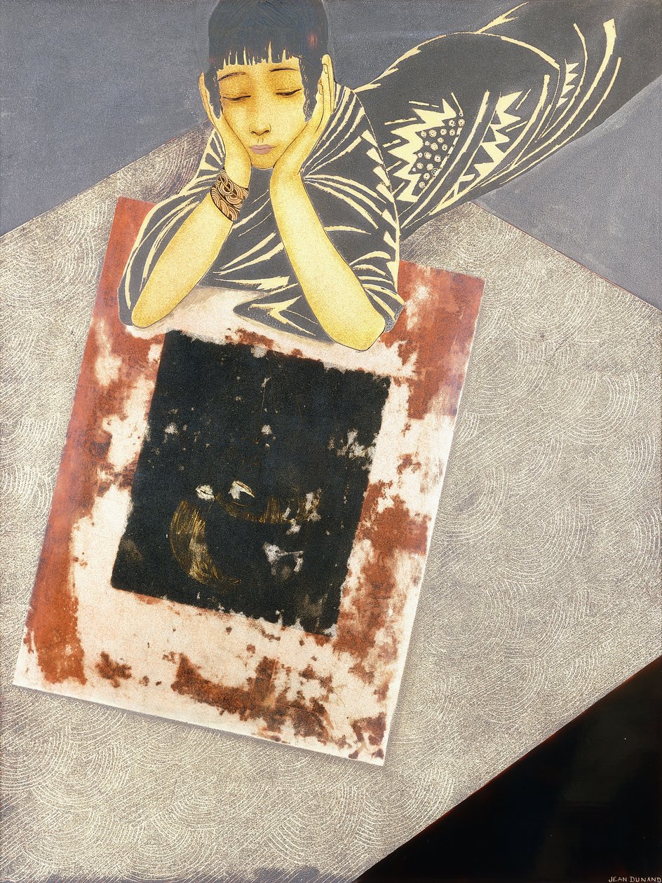 A golden complexioned girl, stretched along the floor and propped up on her elbows by Jean Dunand
