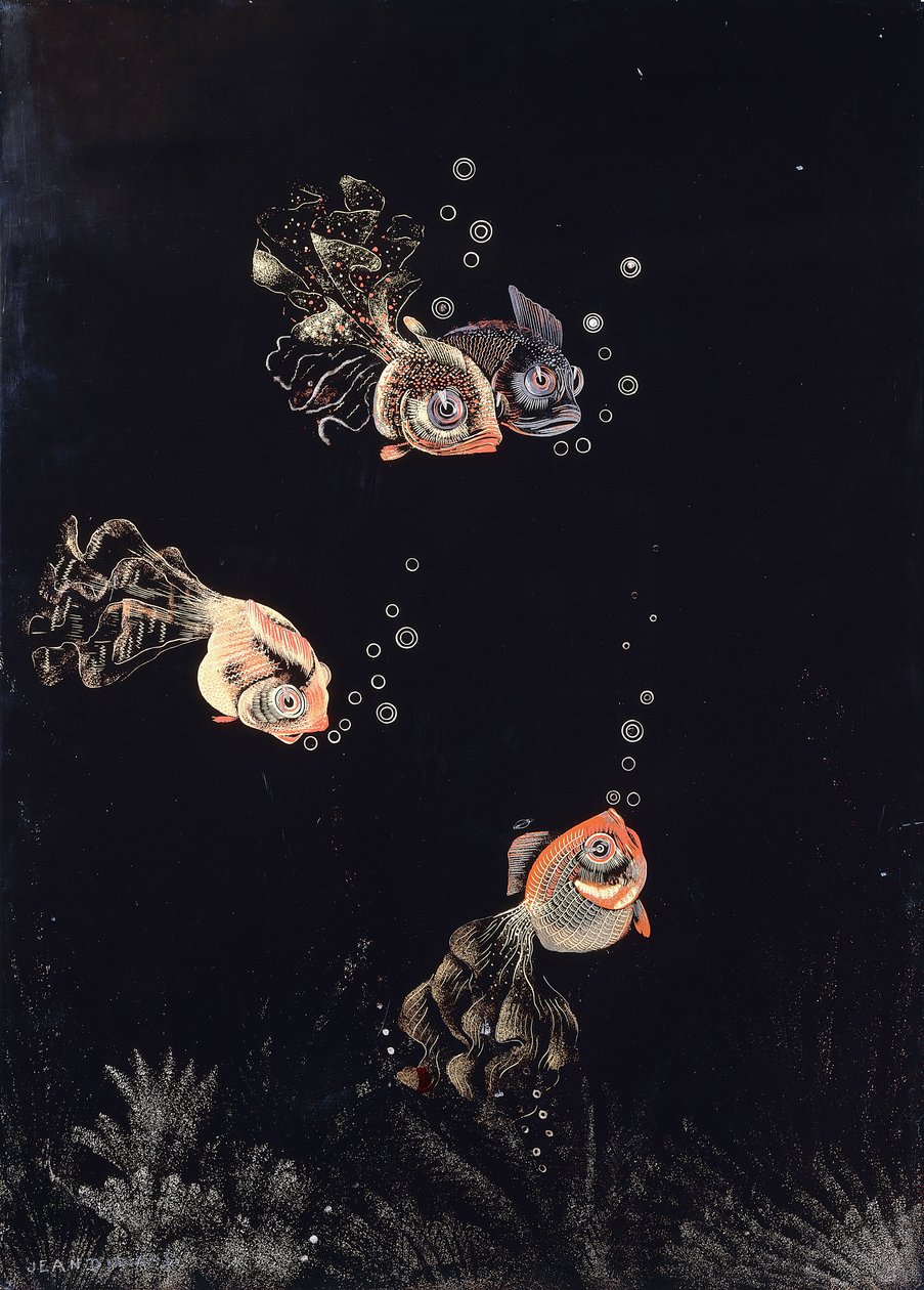 A lacquered panel by Jean Dunand, depicting an underwater scene with red and gold fish blowing air bubbles by Jean Dunand