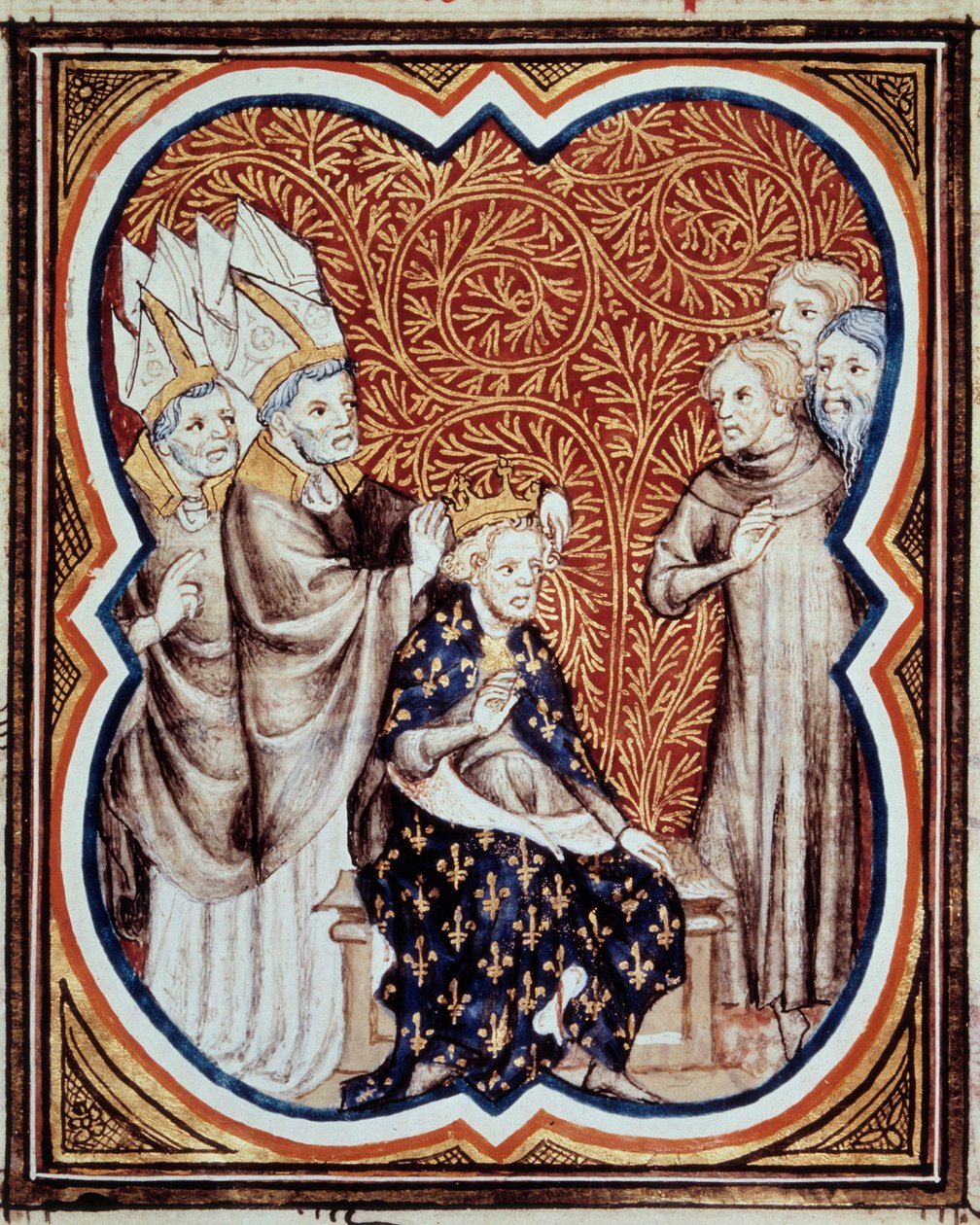 The horn of King Louis VI called the Fat (1081-1137). Miniature taken from Les grandes chroniques de France by Jean Fouquet (1420-1481) by Jean Fouquet