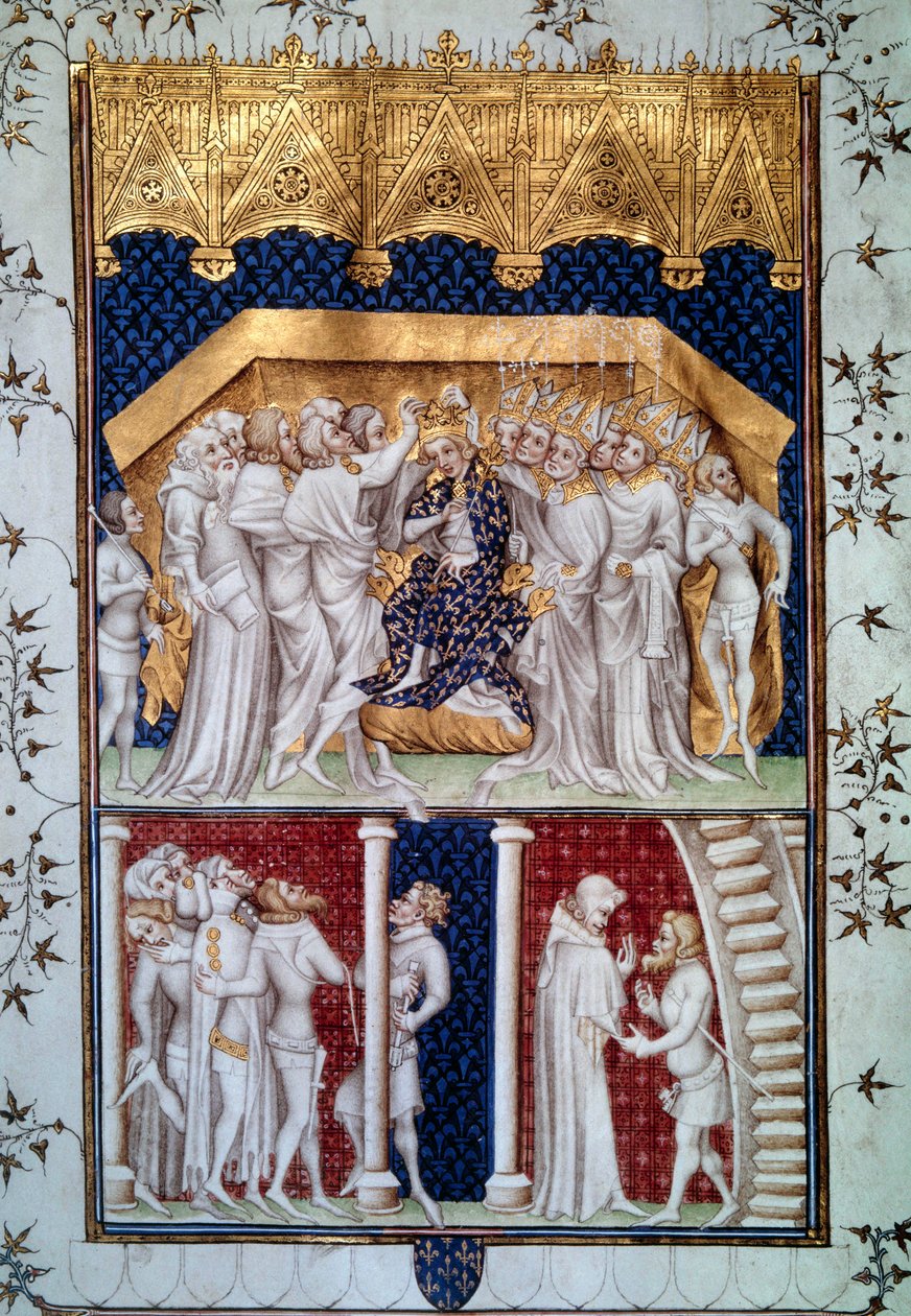 The coronation of Charles VI by the peers of France on 16 September 1380. Miniature from 