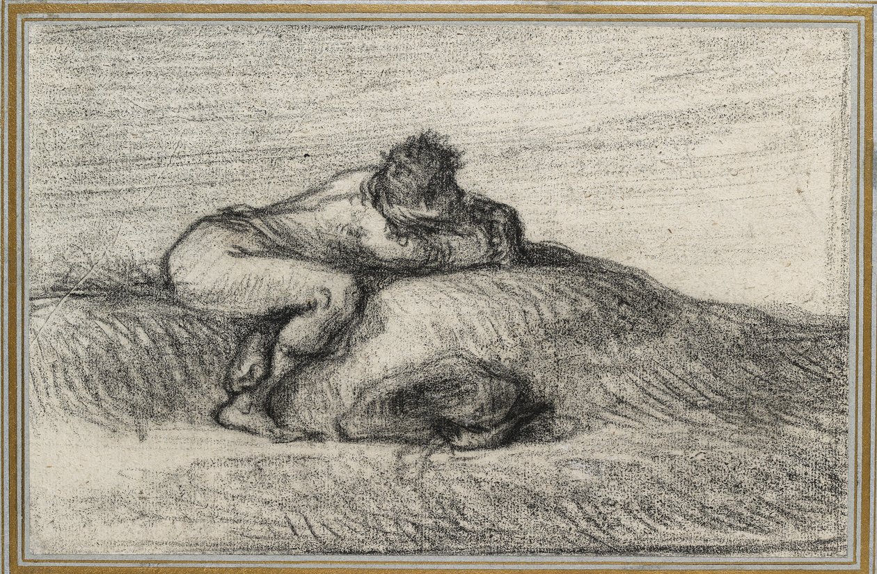 Man crouching on a Hillock by Jean Francois Millet