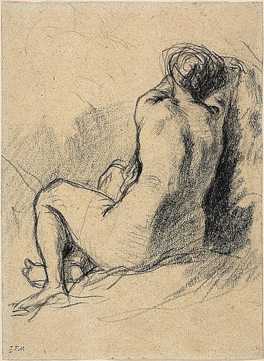 Study: Nude Woman Seen from the Back (recto) Sketches of Peasants Working (verso) by Jean Francois Millet