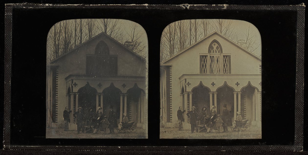 Group portrait of eight members of the Circle of Eynard-Lullin, in front of house (Grandfleur d