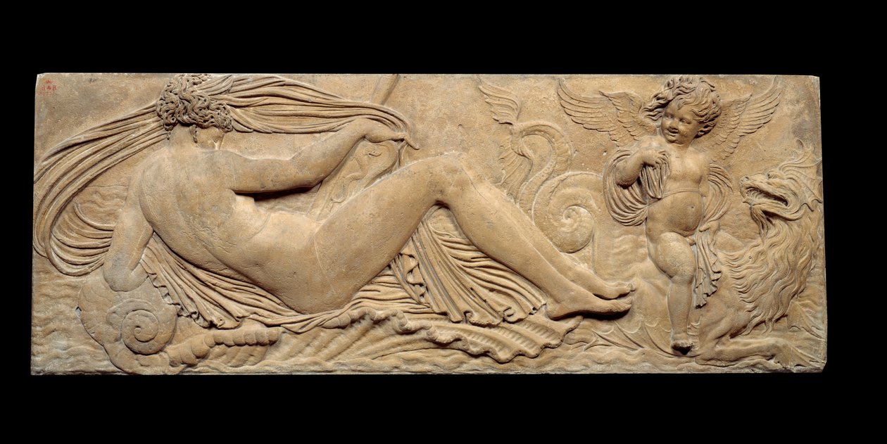Nymph and little genie rides on a marine horse; Nymph and Triton surrounded by two small genies. Low relief. Stone sculpture by Jean Goujon