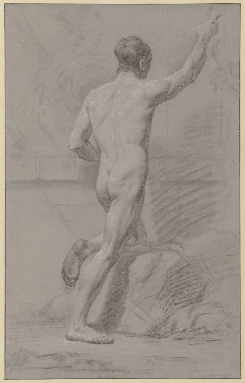 Standing Male Nude, Left Knee on a Rock, Right Arm Raised by Jean Grandjean