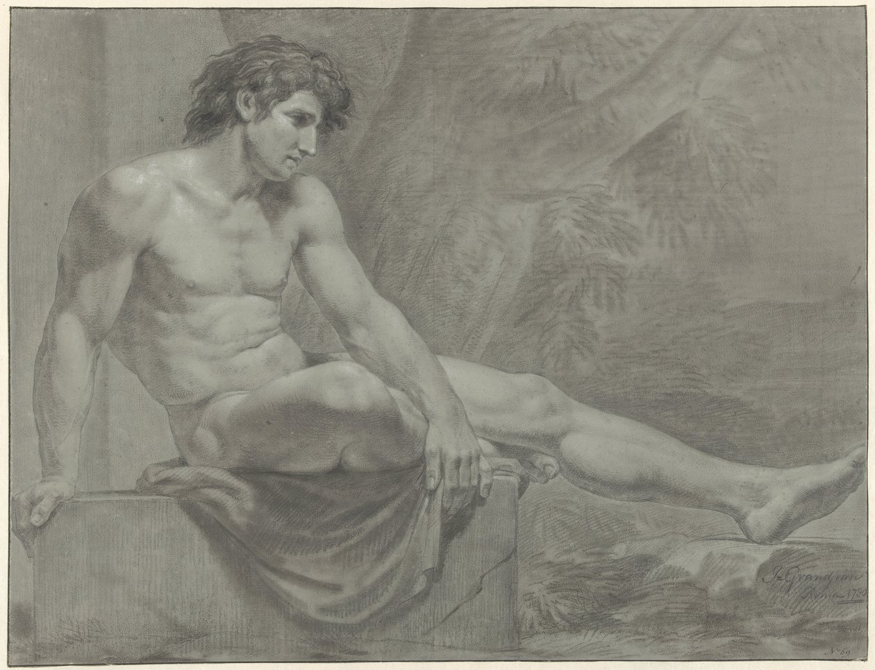 Seated Male Nude, Facing Right with Extended Leg by Jean Grandjean