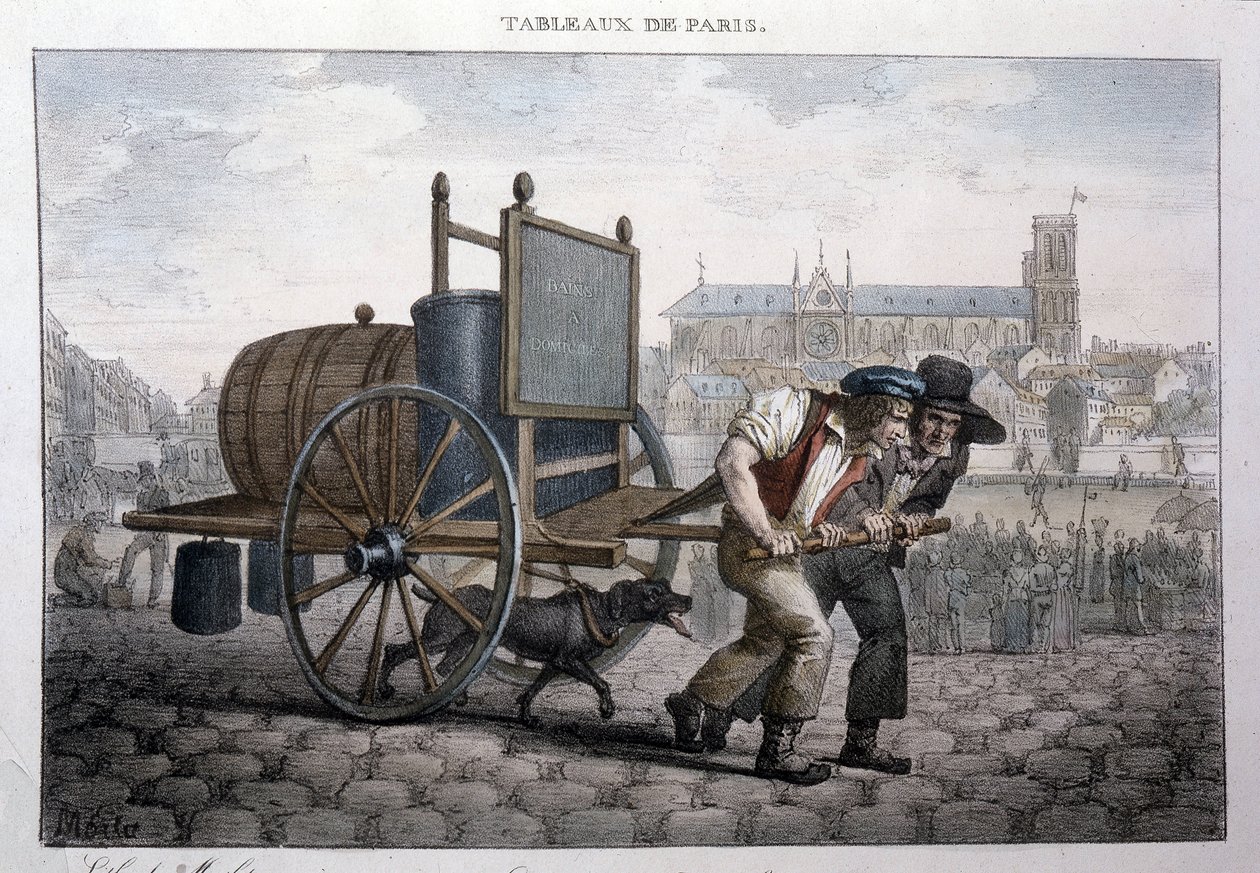 Former street metier in Paris: bath at home (two men pull a cart with a barrel filled with water). Engraving by Jean Henry Marlet in 