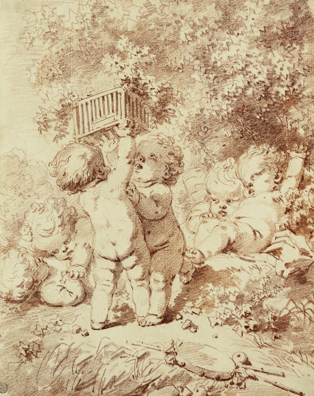 Six Putti at Play, Two Holding Up a Cage by Jean Honore Fragonard