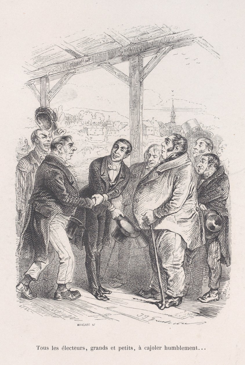 All voters, big and small, gather to humbly coax each other... from the Little Miseries of..., 1843 by Jean Ignace Isidore Gérard