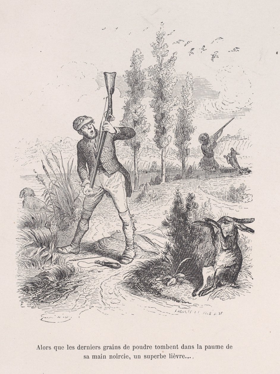 As the last grains of powder fall into the palm of his blackened hand, a superb hare... by Jean Ignace Isidore Gérard