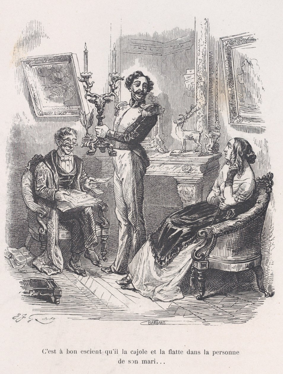 It is good that he coaxes and flatters her in front of her husband. from the Little Miseries by Jean Ignace Isidore Gérard
