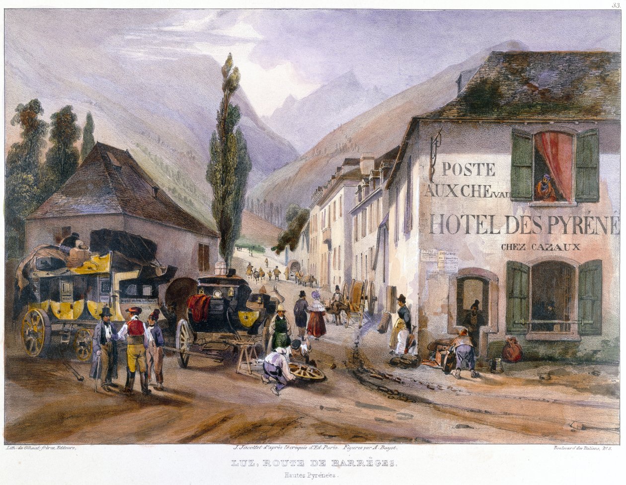 Arrival and Repair of a Stagecoach at Luz on the Road to Barreges by Jean Jacottet