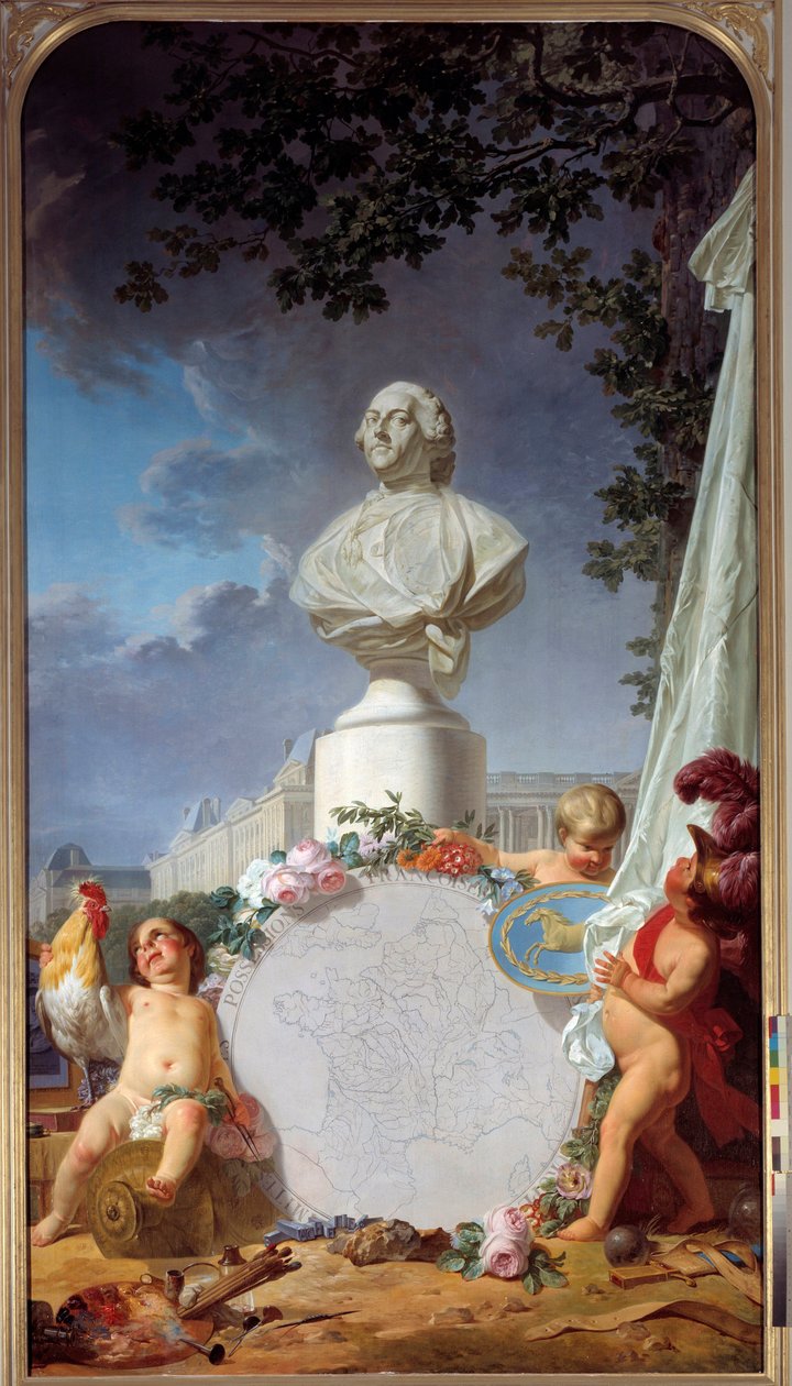 Scholarly Europe Allegorical representation of the glory of France, the bust of Louis XVI dominates a map of French possessions, a rooster, angelots and symbols of arts and sciences by Jean Jacques Bachelier