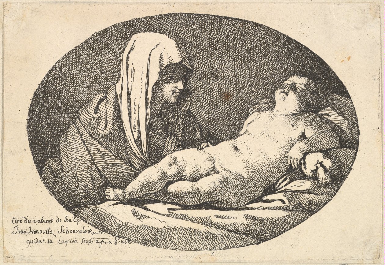The Virgin at left watching the infant Christ as he sleeps, an oval composition by Jean Jacques Lagrenee