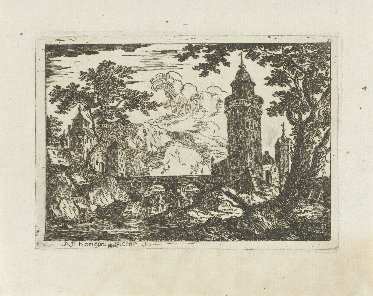 Tower and Stone Bridge in a Mountain Landscape by Jean Joseph Hanson