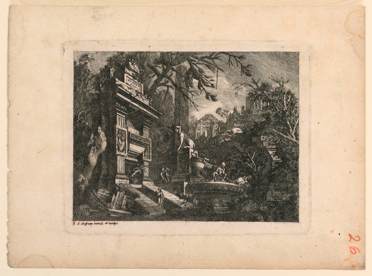 Architectural Fantasy with Tomb and Ruins, Plate from "Rovine Inventione de Giovan. Loren, Legeay Architet. Intagliate da lui stesso in Luce 1768" by Jean Laurent Legeay