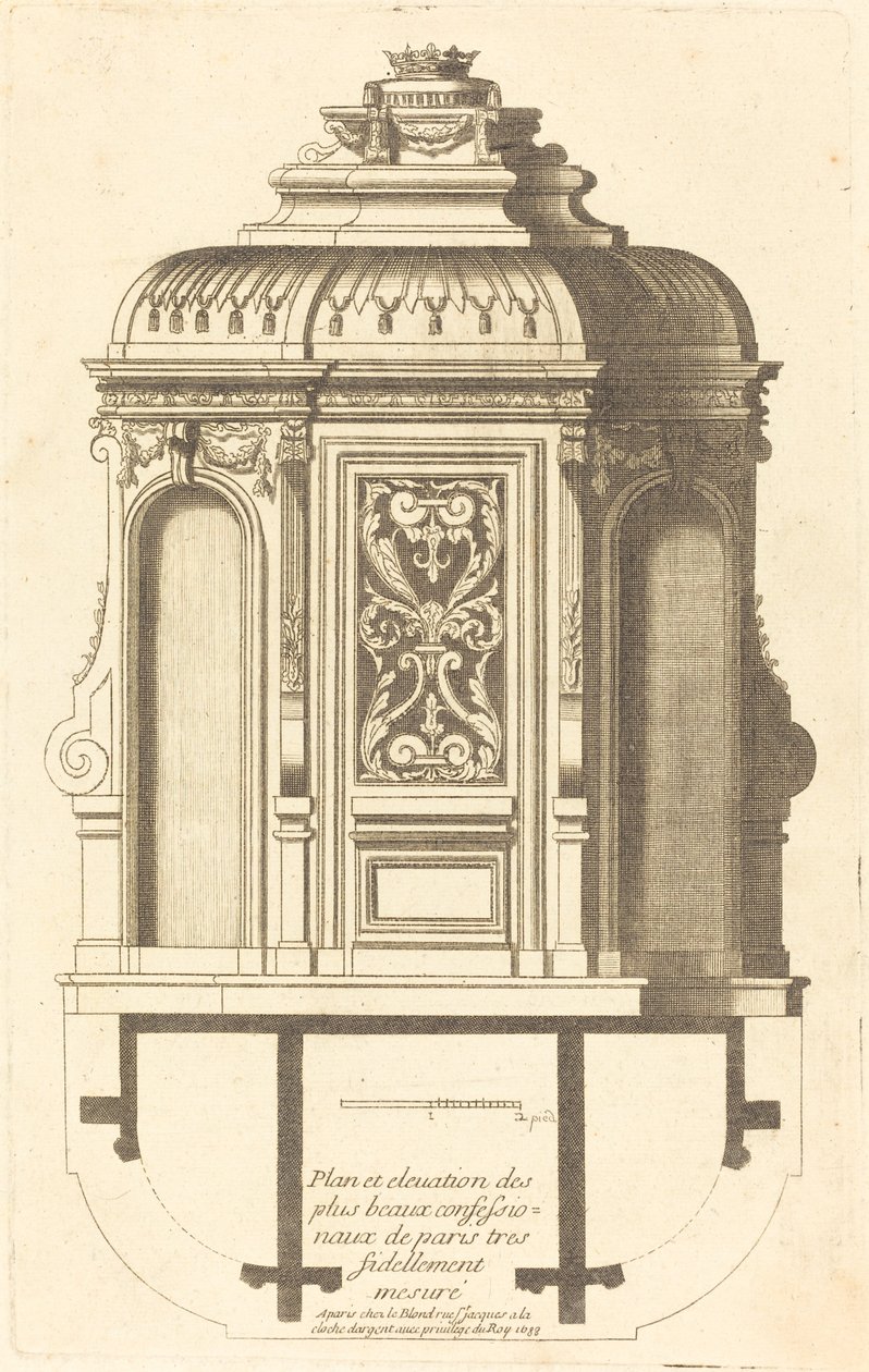 Plan and Elevation of the Most Beautiful Confessionals of Paris, Very Faithfully Measured by Jean Le Blond