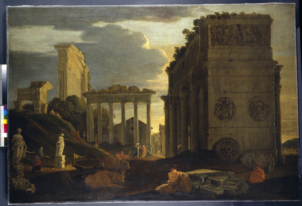 Capriccio view with figures by a triumphal arch and the Temples of Saturn and Jupiter Tonans by Jean Lemaire