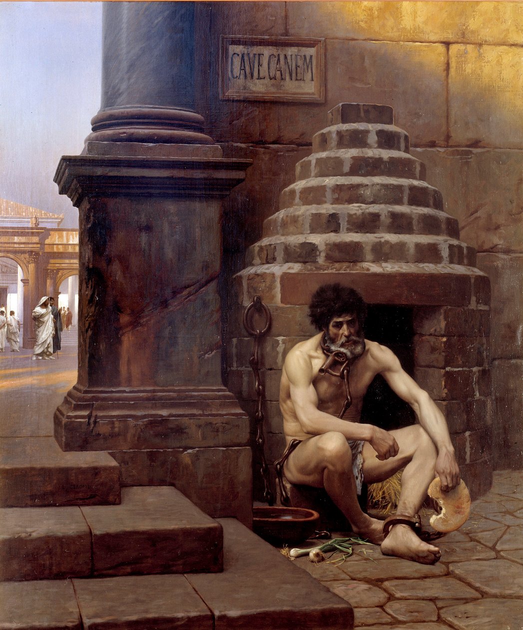 Cave canem Prisoner of war in Rome, chain like a dog at the corner of a street “” Beware of the dog”””. Painting by Jean Leon Gerome (1824-1904) 19th century Sun. 1,06x0,9 m Vesoul, musee Georges Garret - Cave Canem; A war prisoner in Roma, chained like a  by Jean Leon Gerome