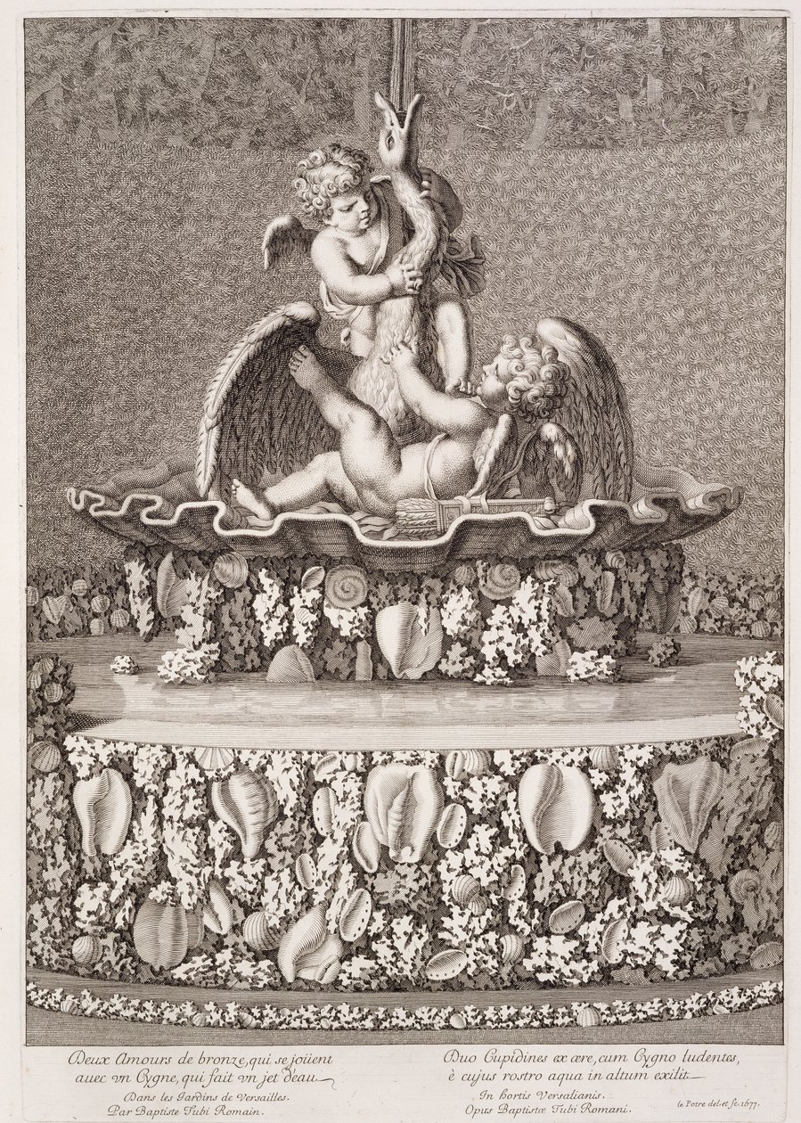 Fountain with two cupids and a swan, designed by Jean-Baptiste Tuby, at Versailles by Jean Lepautre