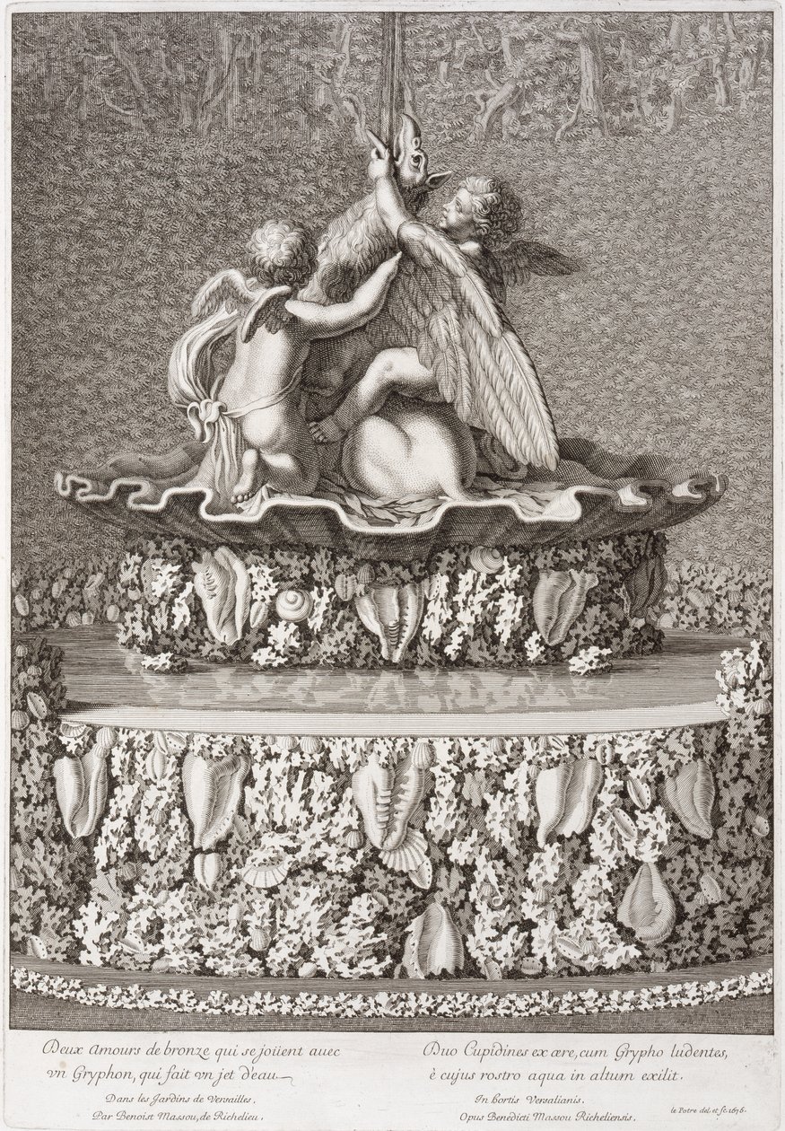 Fountain with two cupids playing with a gryphon, by Benoit Massou, at Versailles by Jean Lepautre
