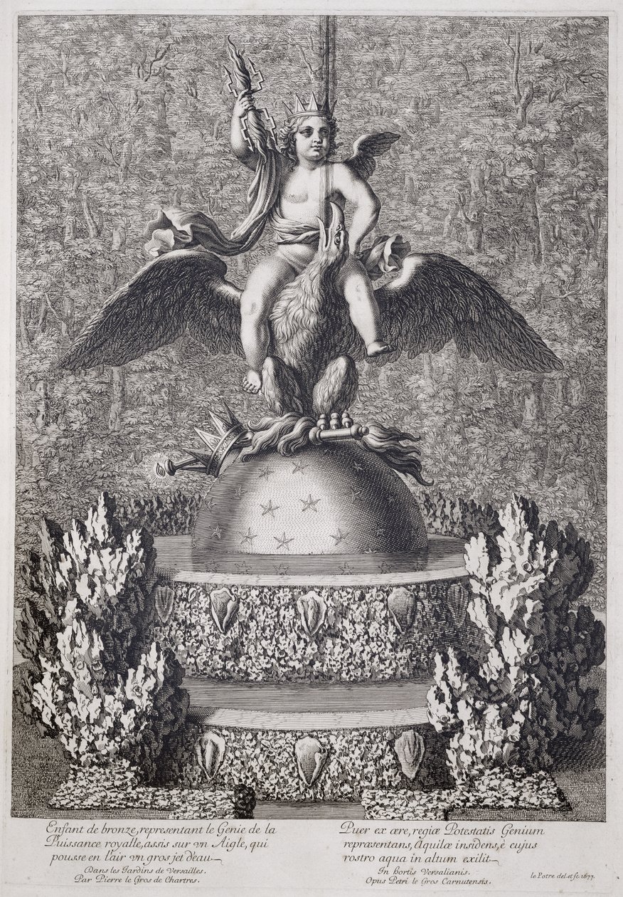 Fountains with a child representing the Genius of Royal Power by Pierre le Gros, at Versailles by Jean Lepautre