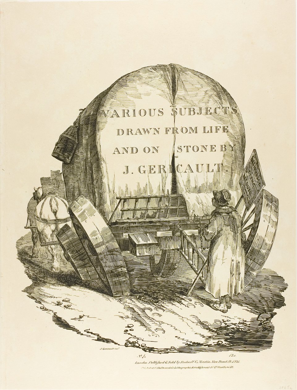 A Horse-Drawn Wagon, Title Page for Various Subjects Drawn from Life and on Stone (The English Suite) by Jean Louis André Théodore Géricault