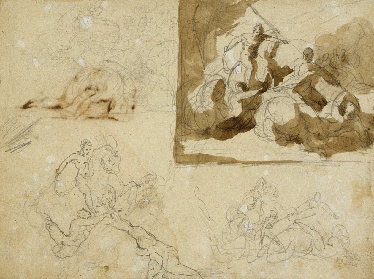 Four Sketches for a Cavalry Battle by Jean Louis André Théodore Géricault