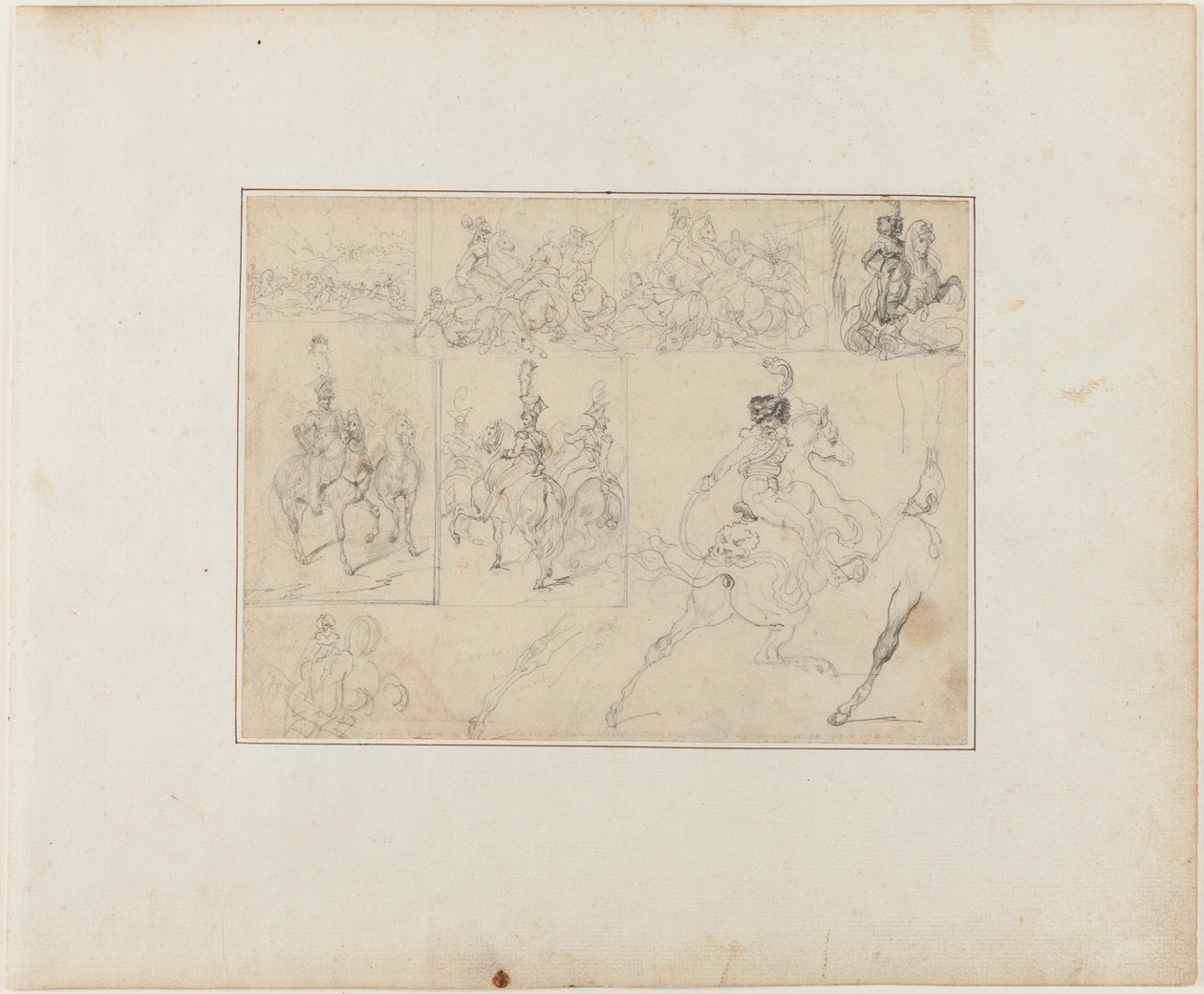Sheet of Sketches: Cavalry Battles and Mounted Soldiers by Jean Louis André Théodore Géricault