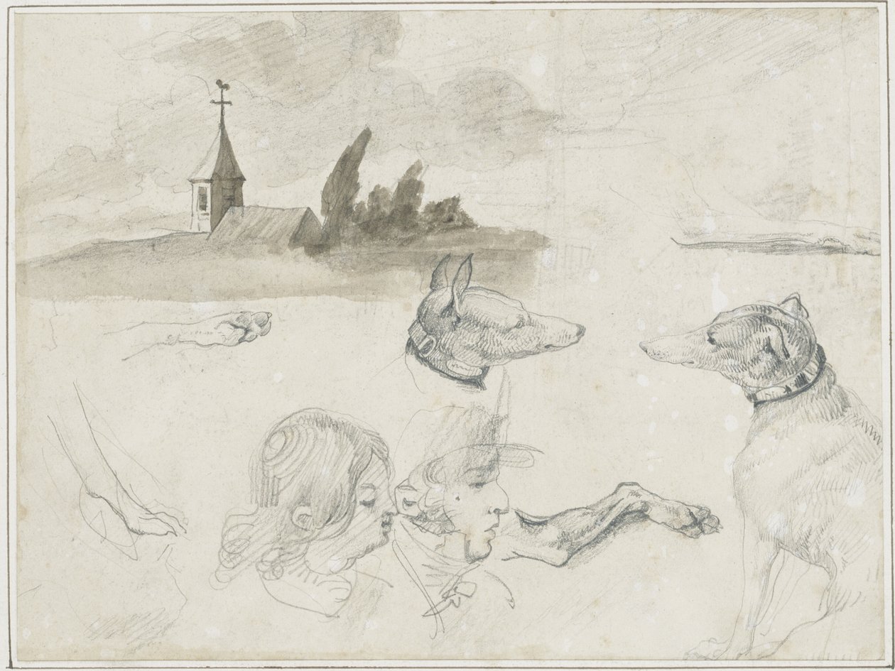 Sheet of Sketches: Greyhounds; A Male and a Female Head by Jean Louis André Théodore Géricault