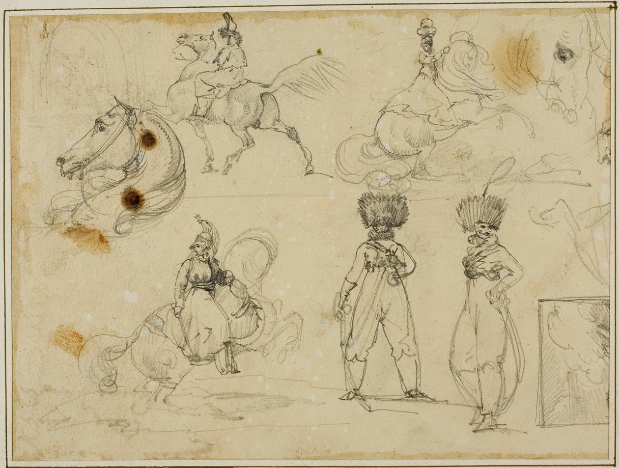 Sheet of Sketches: Soldiers, Horses and a Landscape by Jean Louis André Théodore Géricault