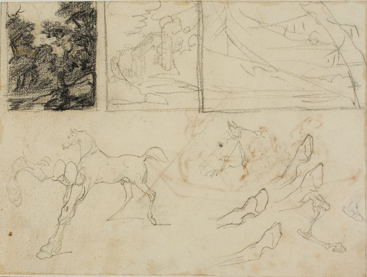 Sheet of Sketches: Three Landscapes, Horses, and Hooves by Jean Louis André Théodore Géricault
