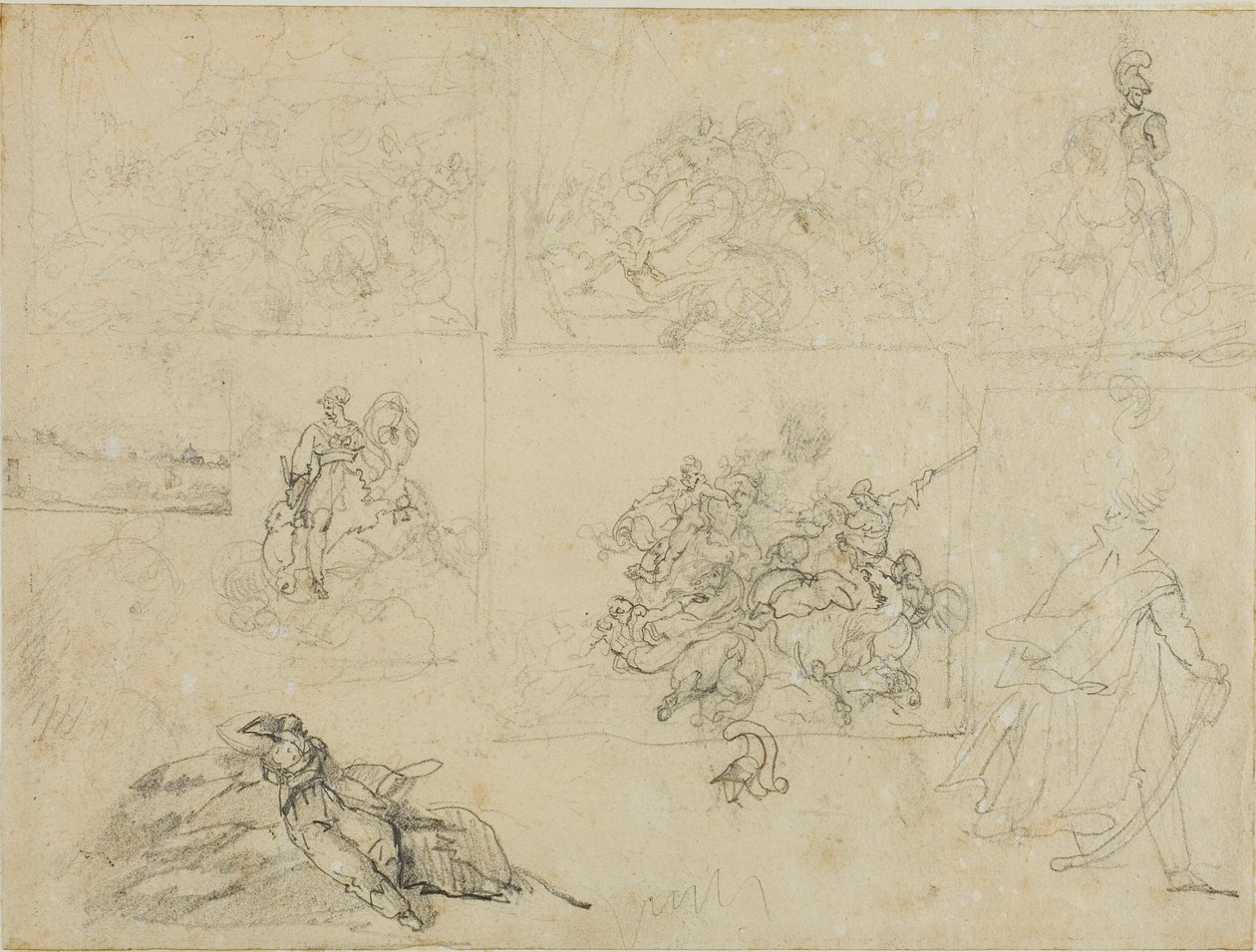Sketches of A Cavalry Battle, Soldiers, and a Landscape by Jean Louis André Théodore Géricault