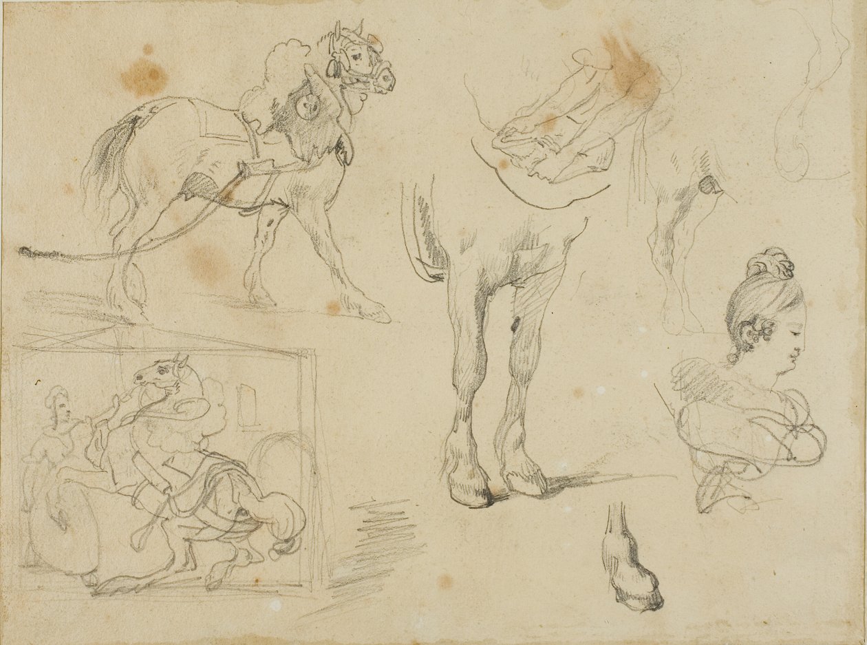 Studies of a Draught Horse, a Blacksmith and a Young Woman by Jean Louis André Théodore Géricault