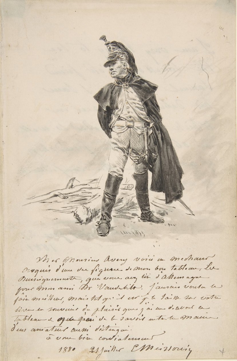 Letter to Samuel P. Avery with a drawing of a military figure, 1880 by Jean Louis Ernest Meissonier